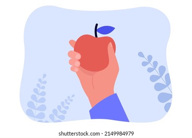 Man holding red apple in hand. Healthy vitamin nutrition of person eating fruit flat vector illustration. Diet, wellness, detoxification concept for banner, website design or landing web page