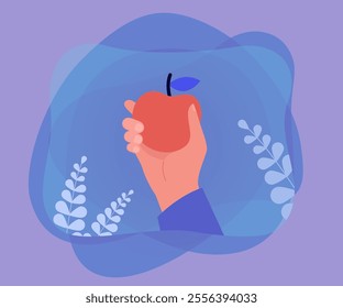 Man holding red apple in hand. Healthy vitamin nutrition of person eating fruit flat vector illustration. Diet, wellness, detoxification concept for banner, website design or landing web page