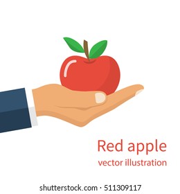 Man Holding A Red Apple In Hand. Healthy And Wholesome Fruit Concept. Fresh Food. Organic Vitamin Nutrition. Vector Illustration Flat Design. Isolated On White Background.