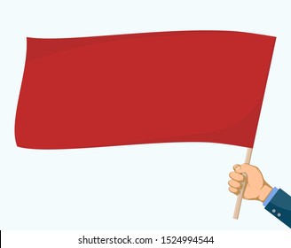 Man are holding a red blank flag. Template banner isolated on white background. Vector flat graphic illustration.