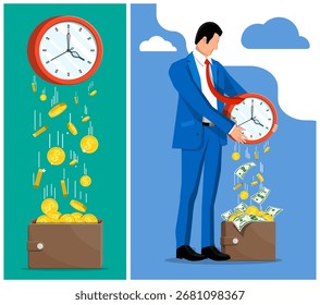 Homem segurando relógio vermelho, dinheiro caindo na carteira. Investimento em tempo e dinheiro. Gestão financeira e conceito empresarial.