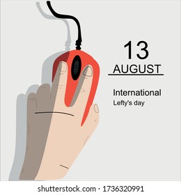 The man is holding a red computer mouse in his left hand.August 13-Lefty's Day.Isolated on a light background,the shadow of a hand.Concept of the international day of left-handers.Vector illustration