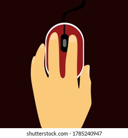 The man is holding a red computer mouse in his left hand.August 13-Lefty's Day concept. Isolated on a dark background.Concept 