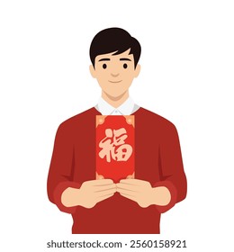 Man Holding Red Envelope, Traditional Celebration, China, Happy Chinese New Year. Flat vector illustration isolated on white background