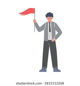 Hombre con bandera roja, empresario exitoso, ilustración de vectores de dibujos animados para el logro de objetivos