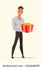 Man holding red gift box color vector illustration. Handsome guy giving present flat clipart. Cartoon character with moustaches. Holiday, birthday celebration. Person getting surprise design element