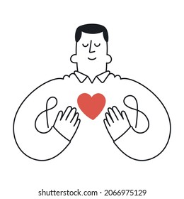 Man holding a red heart. Outline, linear, thin line, doodle art. Simple style with editable stroke.