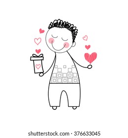 Man Holding Red Heart Shape Gift Box Love Drawing Simple Line Vector Illustration