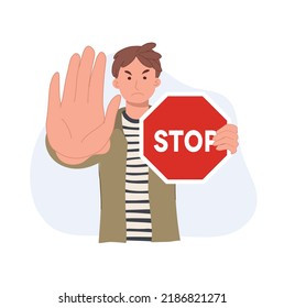 A man holding red stop road sign. Protest and fight concept. flat vector illustration. 