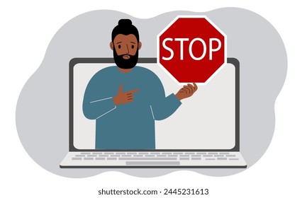 Un hombre sostiene una señal roja de stop en la pantalla de un portátil. Virus, ataque, error, Cuenta o eliminación de página. Ilustración plana de Vector