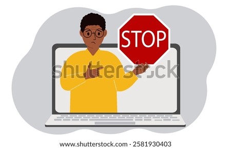 A man holding a red stop sign in a laptop screen. Virus, attack, error, account or page deletion. Vector flat illustration