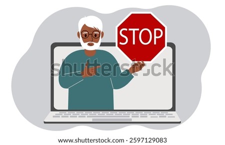 A man holding a red stop sign in a laptop screen. Virus, attack, error, account or page deletion. Vector flat illustration