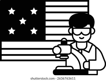 A man is holding a remote control in front of an American flag. The man is wearing a pair of goggles and a black shirt. Concept of patriotism and pride in one's country