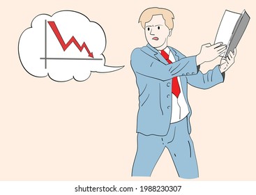 Man holding a report book, and getting angry because sales are down. Hand drawn style vector design illustrations
