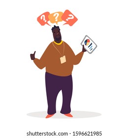 Man holding report with diagrams and projects data statistics. Business education courses for entrepreneurs vector illustration. Professional worker wearing badge, expert answering questions