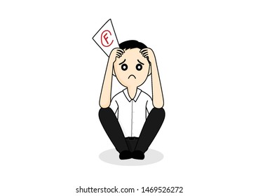 Man holding result fail exam, Man is confused, Man so sad about fail exam, Cartoon vector illustration