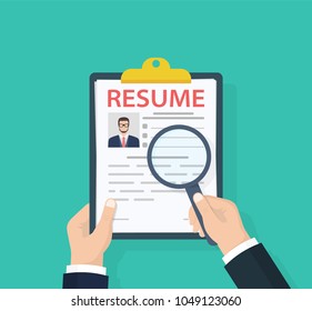 Man holding Resumes in hand. Concept of human resources management. Selecting staff and earching professional staff. Analyzing personnal resume. Flat design, vector illustration on green background