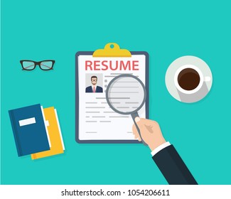 Man holding Resumes in hand. Concept of human resources management. Selecting staff and earching professional staff. Analyzing personnal resume. Flat design, vector illustration on green background