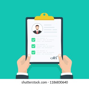 Man holding Resumes in hand. Concept of human resources management. Selecting staff and earching professional staff. Analyzing personnal resume. Flat design, vector illustration on green background.