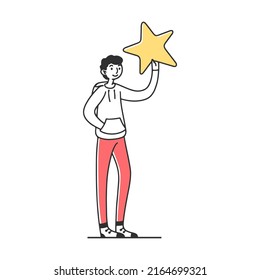Man holding review star flat vector illustration. People giving award for good quality and service. Excellence rating and client feedback