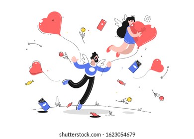 Man holding ribbon with flying woman on heart shaped balloon vector illustration. Flowers and sweets symbols of valentines day flat style. Love and festive event concept