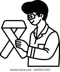 A man is holding a ribbon in his hand. The ribbon is pink and white. The man is wearing glasses and a white shirt