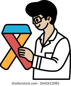 A man is holding a ribbon with the letters X and Y on it. He is wearing a white lab coat and glasses