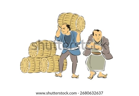 Man is holding rice bag in Edo period.