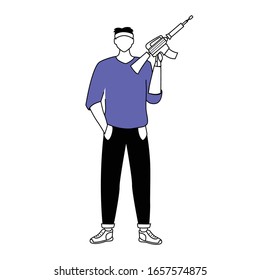 Man holding rifle flat silhouette vector illustration. Armed person. Burglar with weapon. Terrorist. Shooting gallery. 2D isolated outline character on white background. Simple style drawing