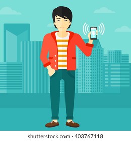 Man holding ringing telephone. Man holding ringing telephone.