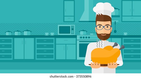 Man holding roasted chicken.