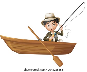 A man holding rod on wooden boat illustration