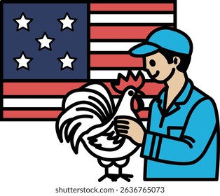 A man is holding a rooster in front of an American flag. The man is wearing a blue hat and blue shirt