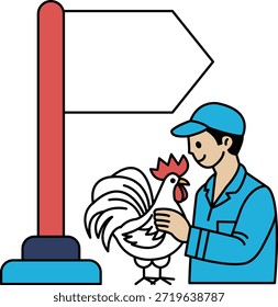 Un hombre sostiene un gallo. El hombre lleva un sombrero y una camisa. El gallo es blanco y negro
