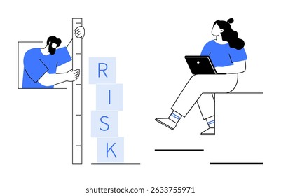 Man holding a ruler measuring the height of stacked blocks spelling RISK, woman with laptop seated nearby. Ideal for business risk management, data analysis, project planning, strategic decision