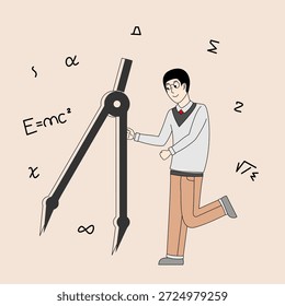 A man is holding a ruler and standing in front of a formulas.