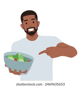 El hombre está sosteniendo una ensaladera y los pulgares hacia arriba. Ilustración vectorial plana aislada sobre fondo blanco