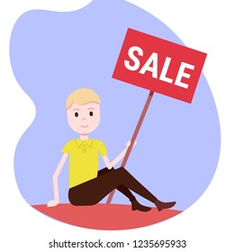 man holding sale board special offer discount promotion concept flat male cartoon character