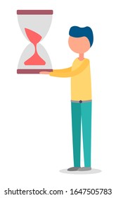 Man holding sand clock with both hands isolated person short in time. Vector illustration of guy with stopwatch, sandglass in executive manager hands. Hourglass already halfway gone, time management