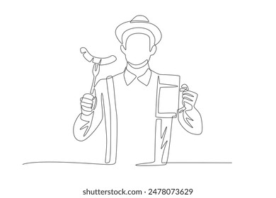 Man holding sausage and glass of beer. Oktoberfest concept one-line drawing