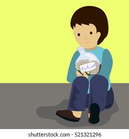A Man Holding a Saving Jar With The Word Future Written On It, Protecting his Saving for Future Concept