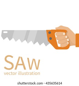 Man holding saw. Carpenter with saw in his hand. Vector illustration flat design. Carpentry work. Lumberjack, cabinetmaker, woodworker.