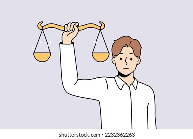 Man holding scales in hands showing balance. Male with weighs demonstrate justice and law. Human rights concept. Vector illustration. 