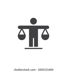 Man is holding the scales vector icon. filled flat sign for mobile concept and web design. Efficiency, decision simple solid icon. Symbol, logo illustration. Pixel perfect vector graphics