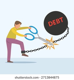  Hombre Que Sostiene Las Tijeras Para Cortar La Bola De La Deuda De La Cadena. Libertad de la bola de la deuda, concepto libre de deuda. Ilustración, dibujos animados, Vector.
