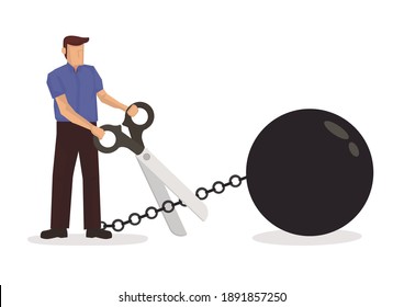 Man holding scissors to cut metal chain. Concept of debt free or cutting away bad habit. Flat vector illustration isolated in white background.