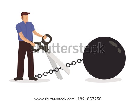 Man holding scissors to cut metal chain. Concept of debt free or cutting away bad habit. Flat vector illustration isolated in white background.