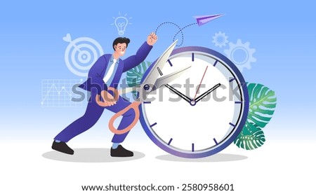 Man holding scissors cutting clock hands. keep deadline in work. Reducing time and steps in work. Reduce working days to increase efficiency and employee benefits. vector illustration.