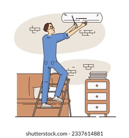 Man holding screwdriver and repairing air conditioner. Young in uniform carry out repairs in apartment. Repair and service concept. Flat line vector illustration in cartoon style