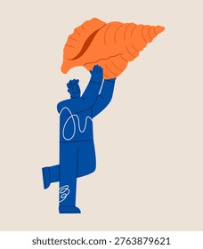 Man holding sea shell in hands. Colorful vector illustration
